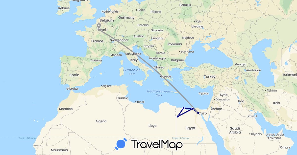 TravelMap itinerary: driving, plane in Egypt, France (Africa, Europe)